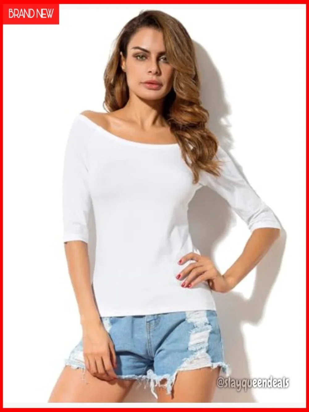 Off Shoulder Boat Neck Half Sleeve Cotton Blouse Summer Top Slim Fit - Picture 5 of 7